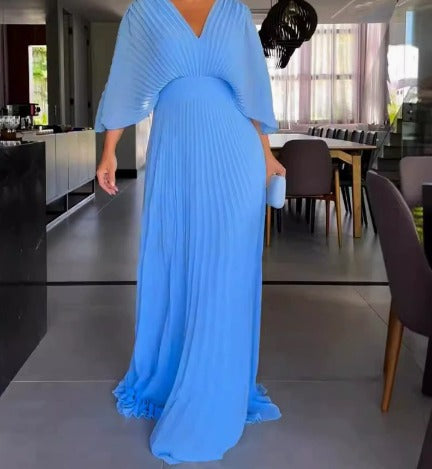 Maxi-jurk voor dames met v-hals en plooien