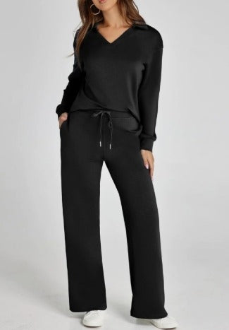 Casual damesset met sweatshirt met rits en wijde broek