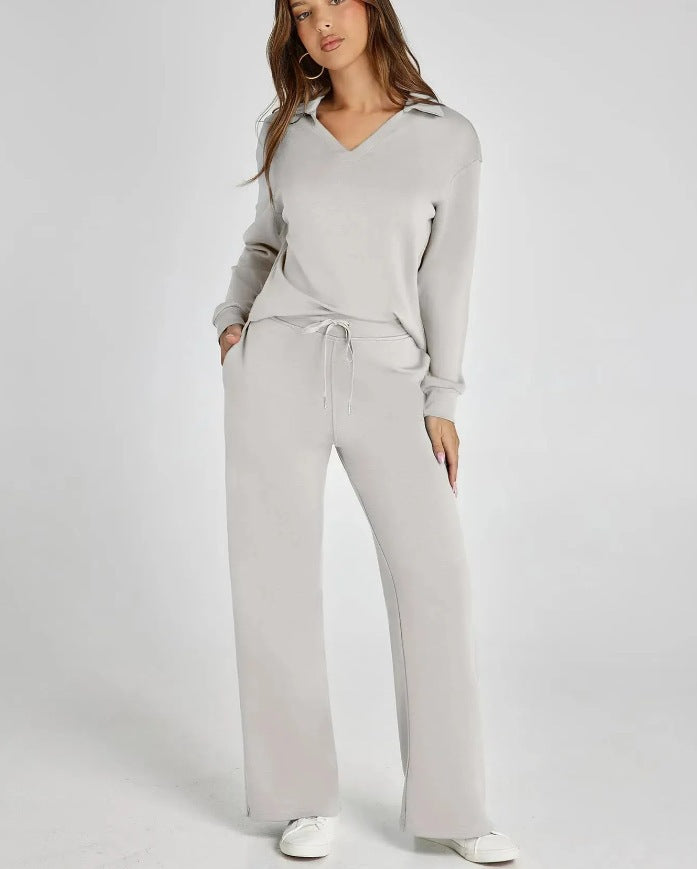 Casual damesset met sweatshirt met rits en wijde broek