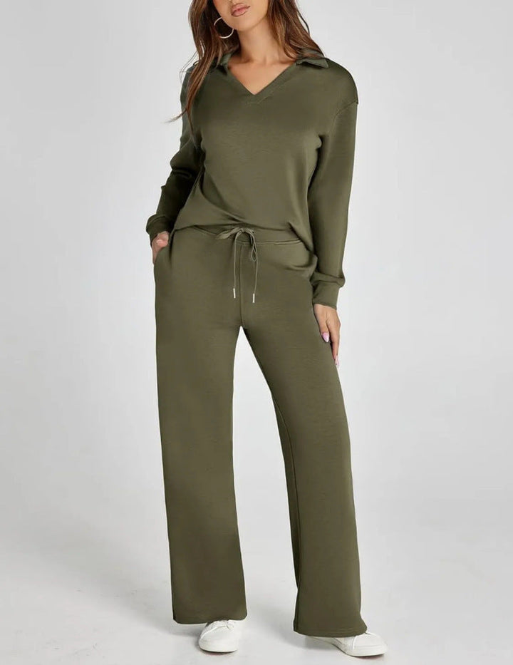 Casual damesset met sweatshirt met rits en wijde broek