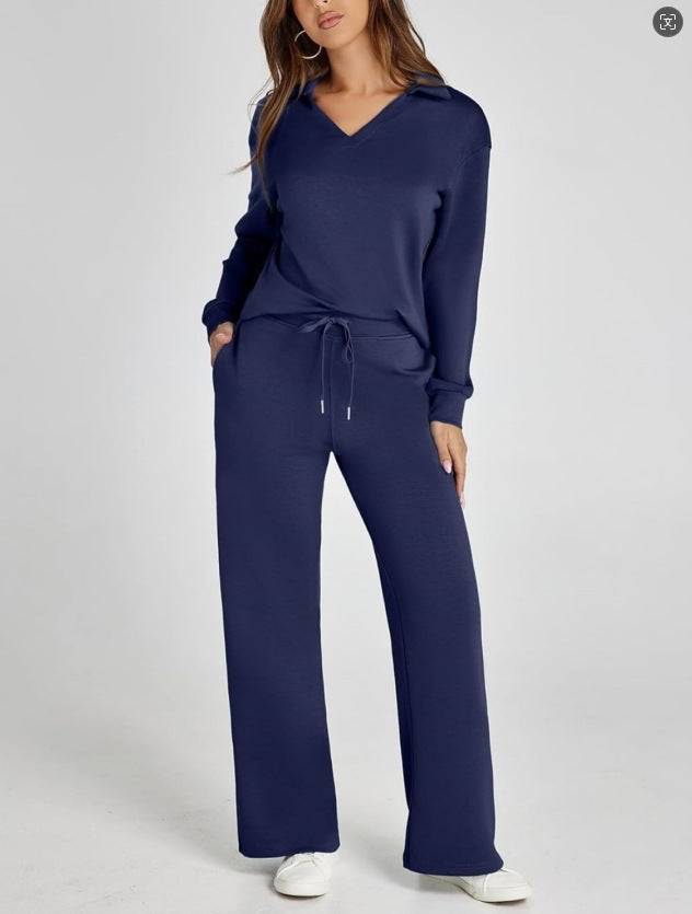 Casual damesset met sweatshirt met rits en wijde broek