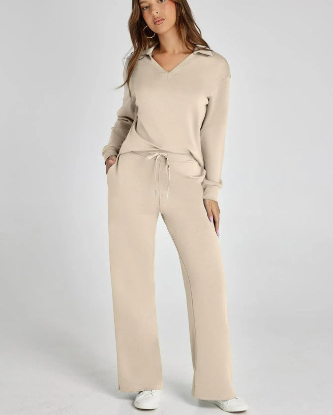 Casual damesset met sweatshirt met rits en wijde broek