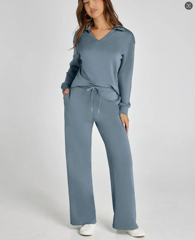 Casual damesset met sweatshirt met rits en wijde broek