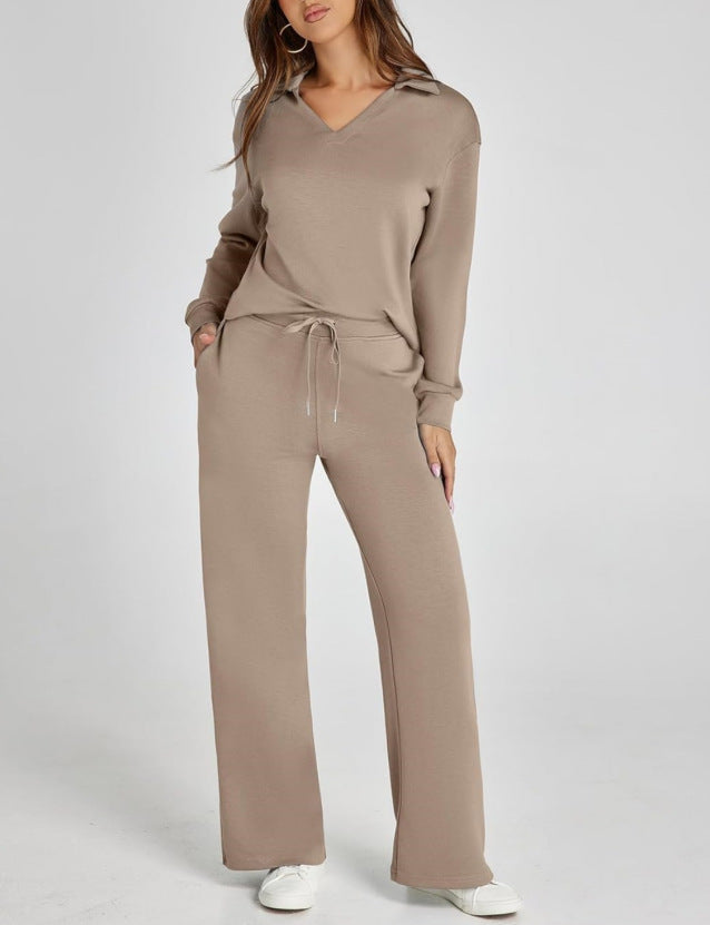 Casual damesset met sweatshirt met rits en wijde broek