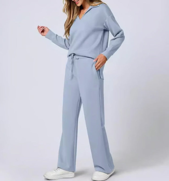 Casual damesset met sweatshirt met rits en wijde broek