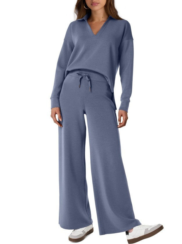 Casual damesset met sweatshirt met rits en wijde broek