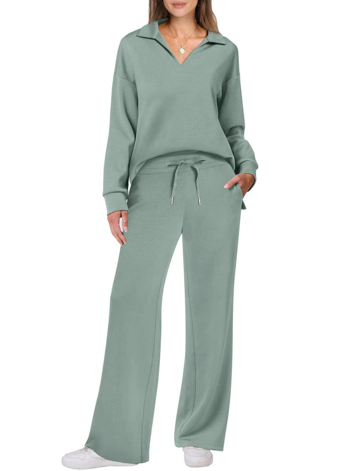 Casual damesset met sweatshirt met rits en wijde broek