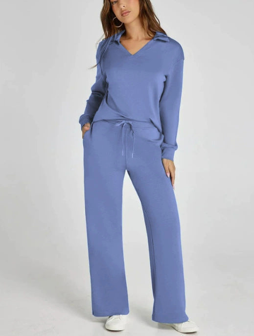 Casual damesset met sweatshirt met rits en wijde broek