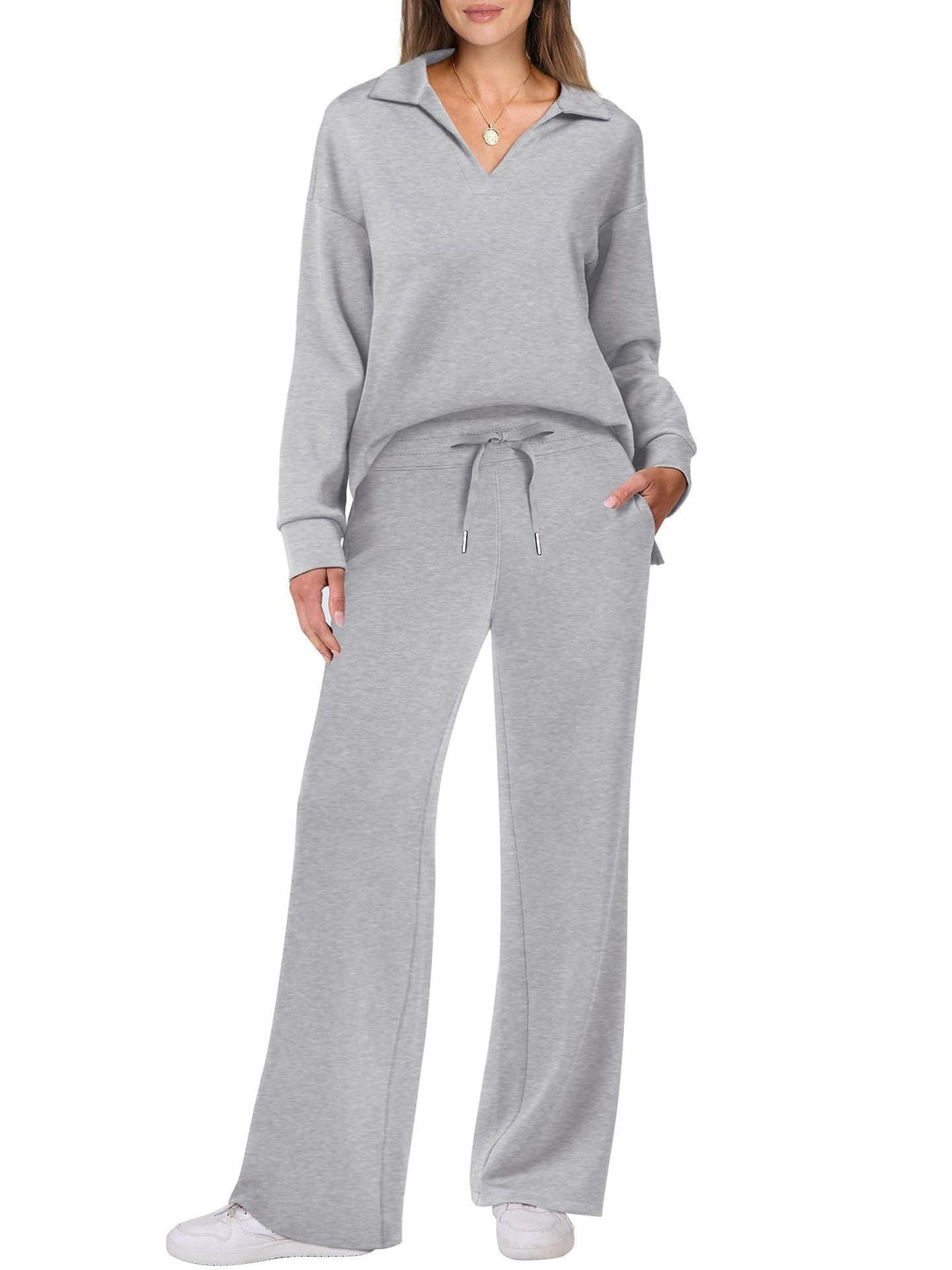Casual damesset met sweatshirt met rits en wijde broek