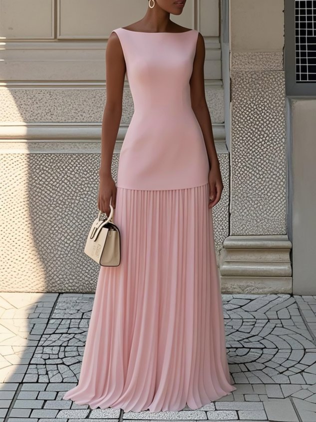 Mouwloze maxi-jurk met plooien en boothals voor dames