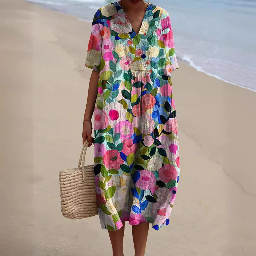 Zomerjurk voor dames met bloemenprint en v-hals, casual