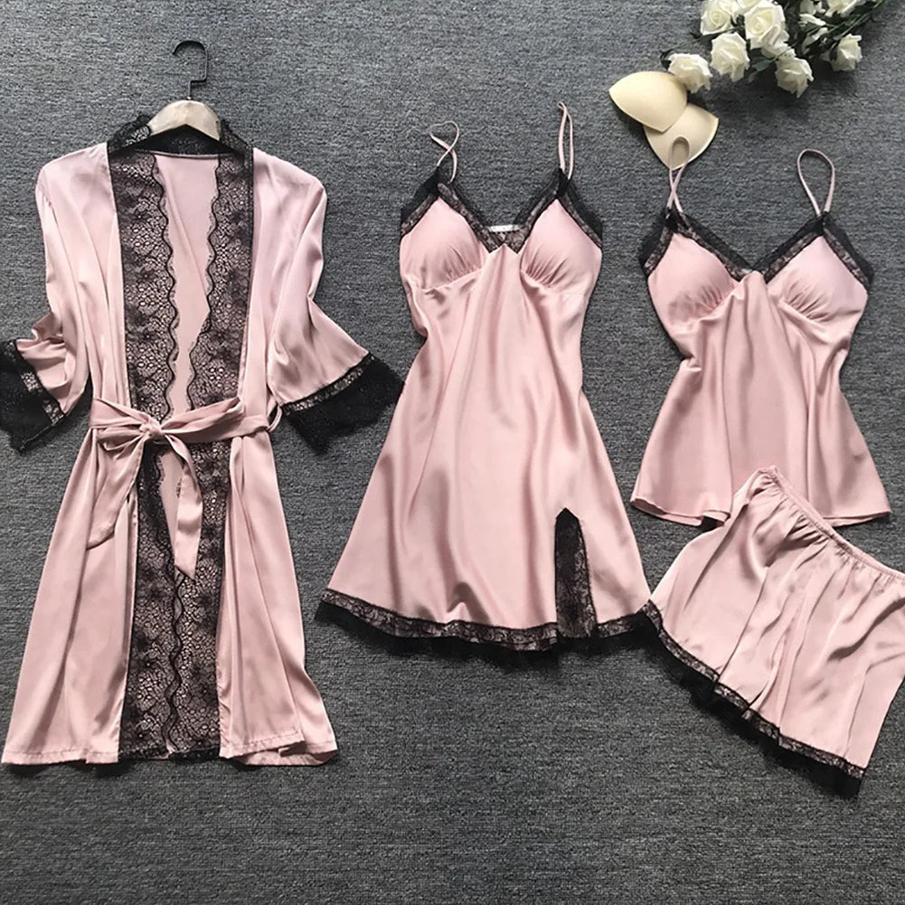 Satijnen kanten nachtkleding set, 4-delig