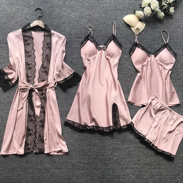 Satijnen kanten nachtkleding set, 4-delig