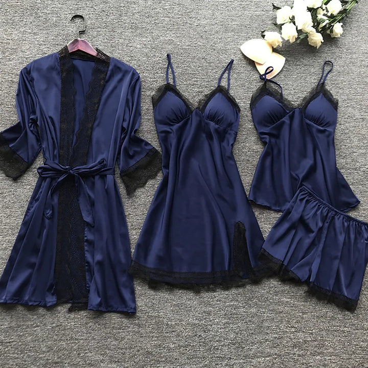 Satijnen kanten nachtkleding set, 4-delig