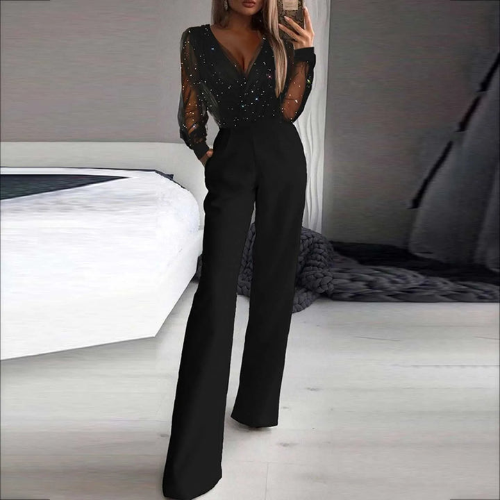 Avondjumpsuit voor dames met kanten top en wijde pijpen