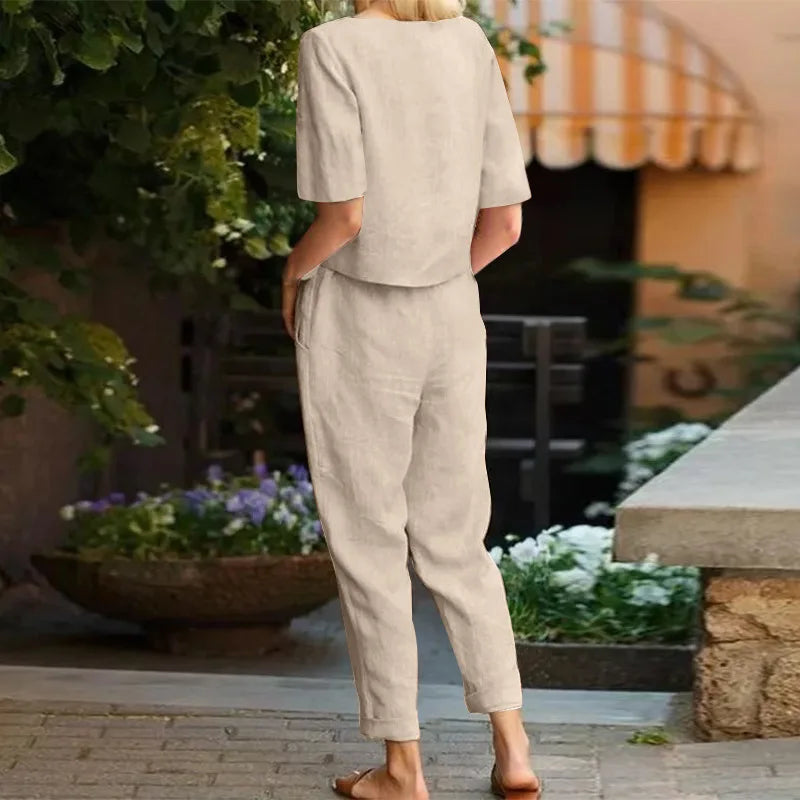 Dameslinnen set, blouse en broek, zomer