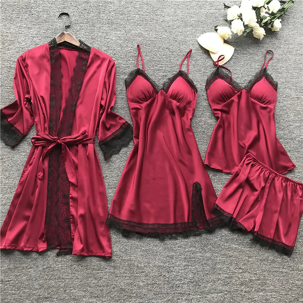Satijnen kanten nachtkleding set, 4-delig