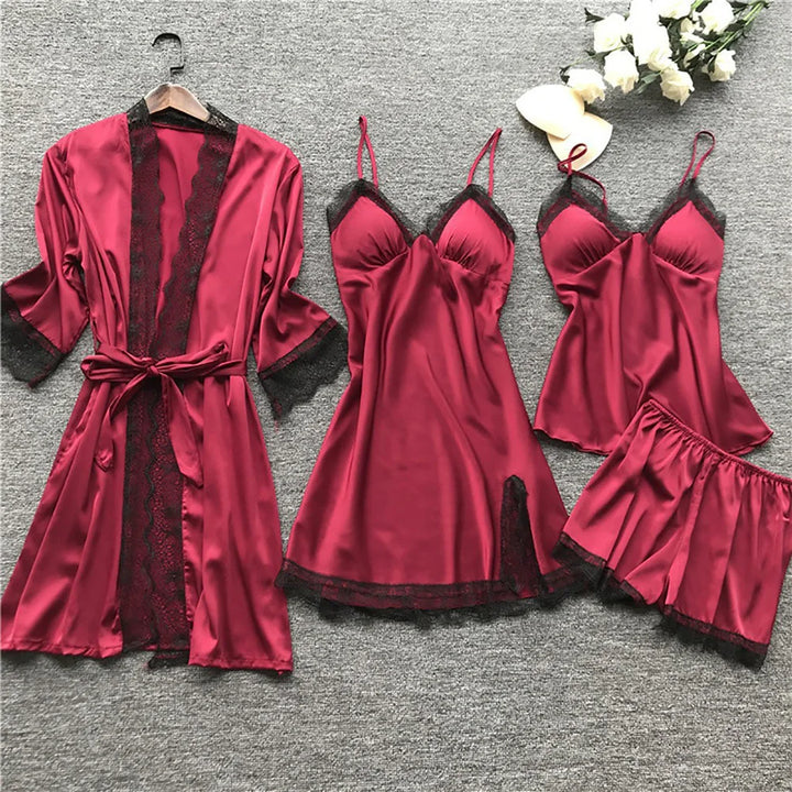 Satijnen kanten nachtkleding set, 4-delig