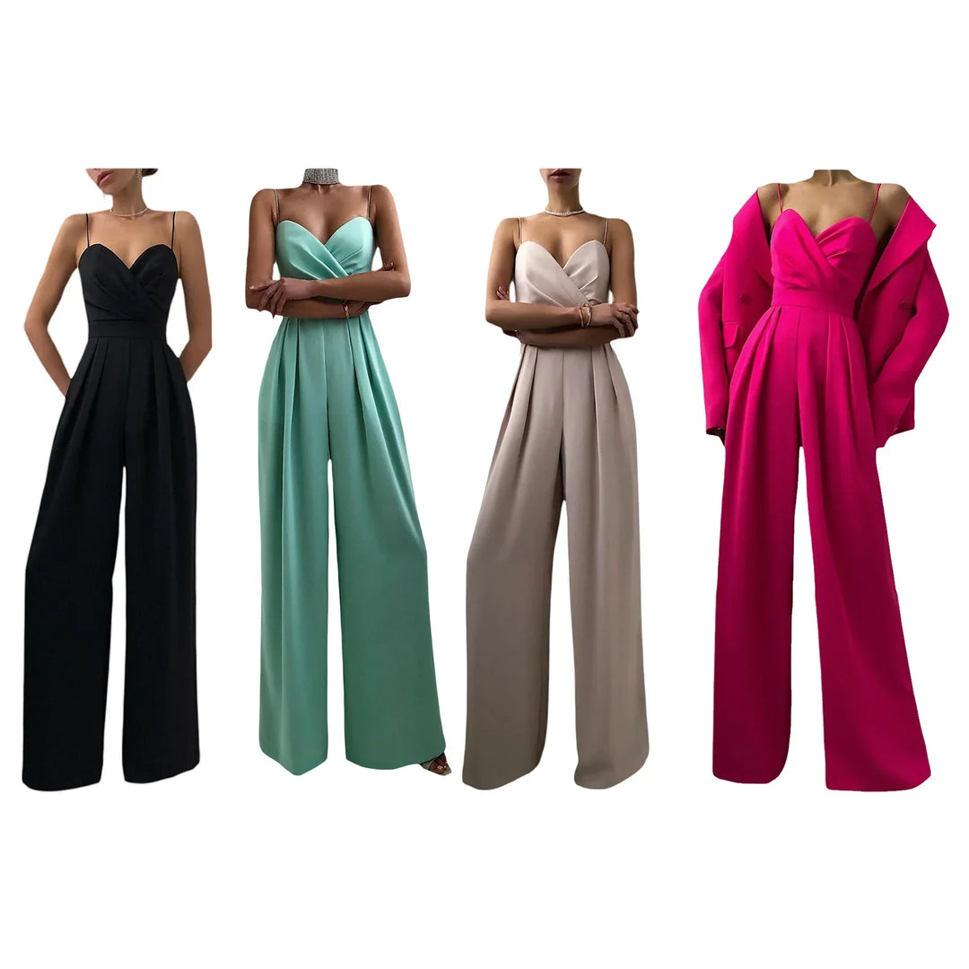 Avondjumpsuit voor dames met wijde pijpen en v-hals