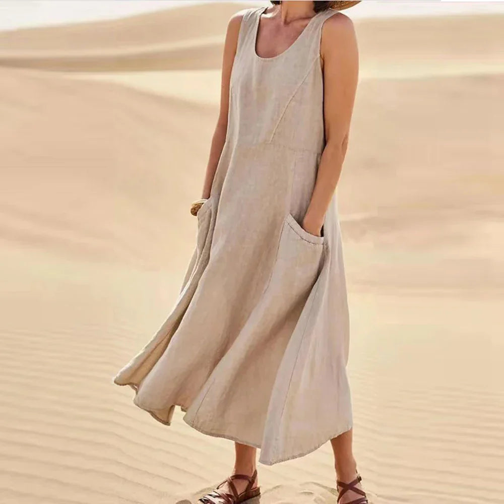Zomerse linnen maxi-jurk voor dames met zakken