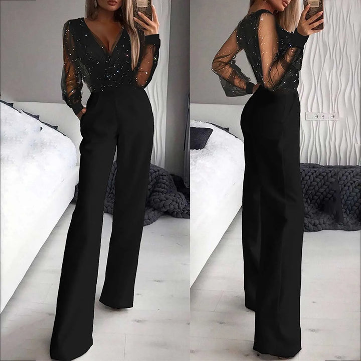 Avondjumpsuit voor dames met kanten top en wijde pijpen