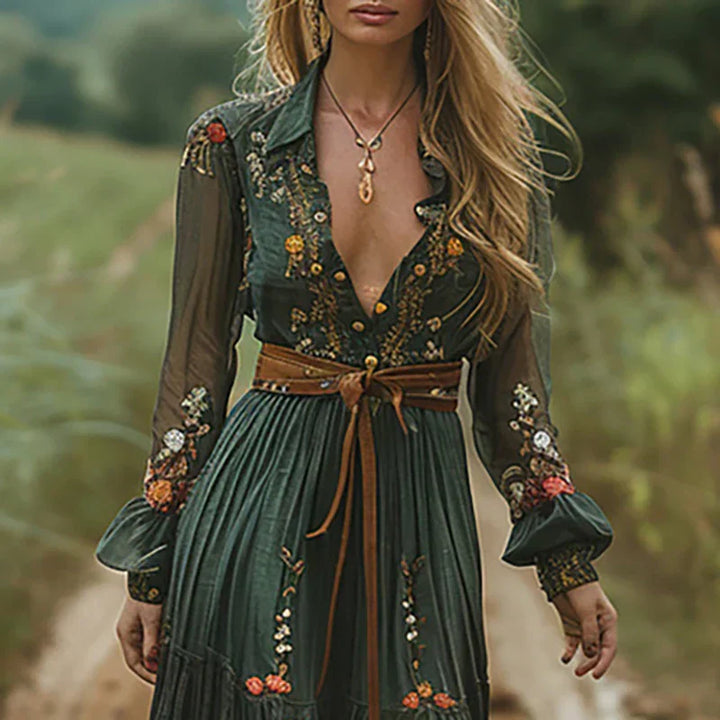 Boho maxi-jurk voor dames met borduurwerk en lange mouwen