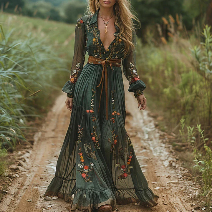 Boho maxi-jurk voor dames met borduurwerk en lange mouwen