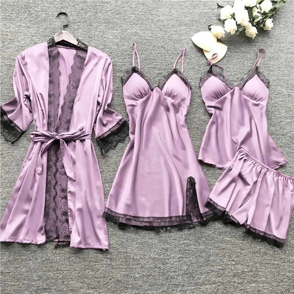 Satijnen kanten nachtkleding set, 4-delig