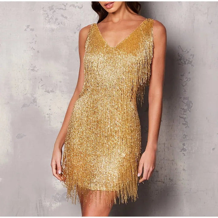 Cocktailjurk voor dames met franjes en veren