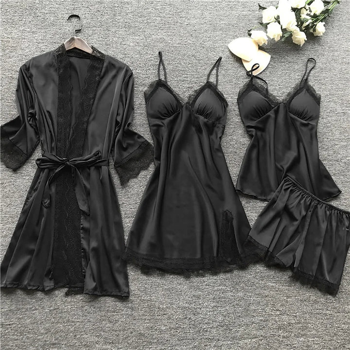 Satijnen kanten nachtkleding set, 4-delig