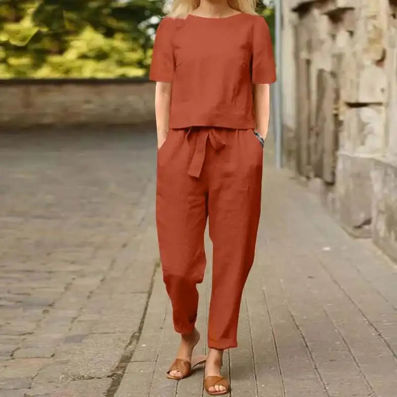 Dameslinnen set, blouse en broek, zomer