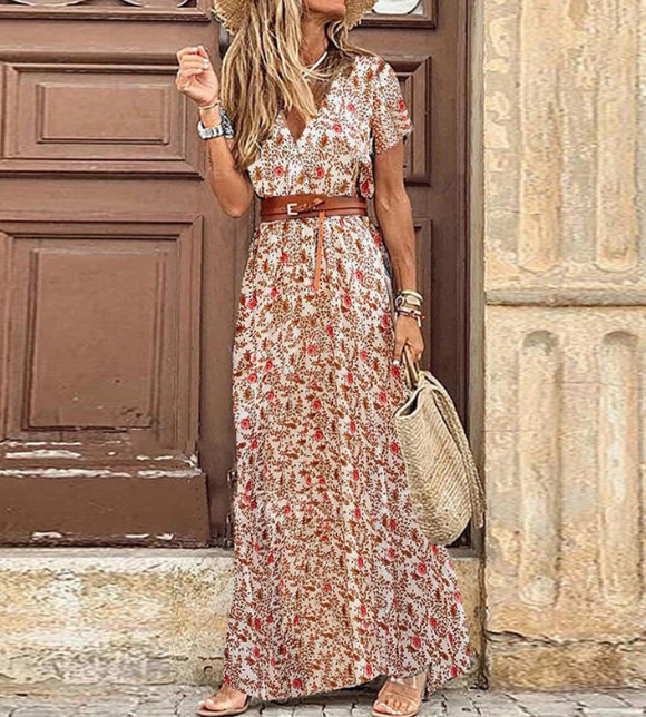 Boho maxi-jurk voor dames met v-hals en korte mouwen voor de zomer