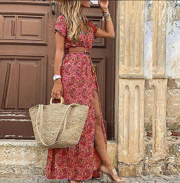 Boho maxi-jurk voor dames met v-hals en korte mouwen voor de zomer