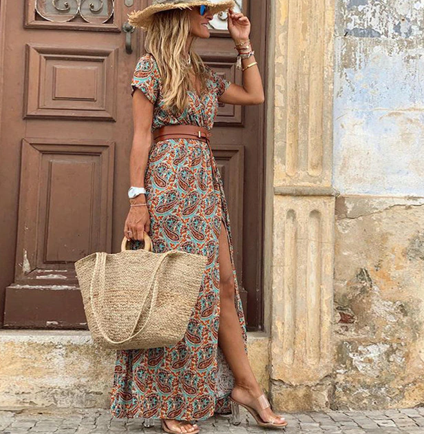 Boho maxi-jurk voor dames met v-hals en korte mouwen voor de zomer