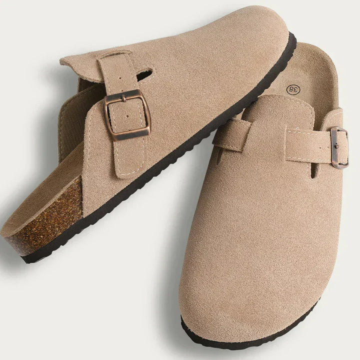 Dames boston suède sandalen met ergonomische kurken zool