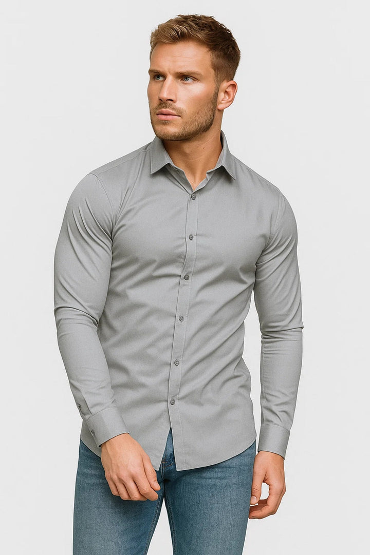 Heren Slim Fit Overhemd met Lange Mouwen en Stretch