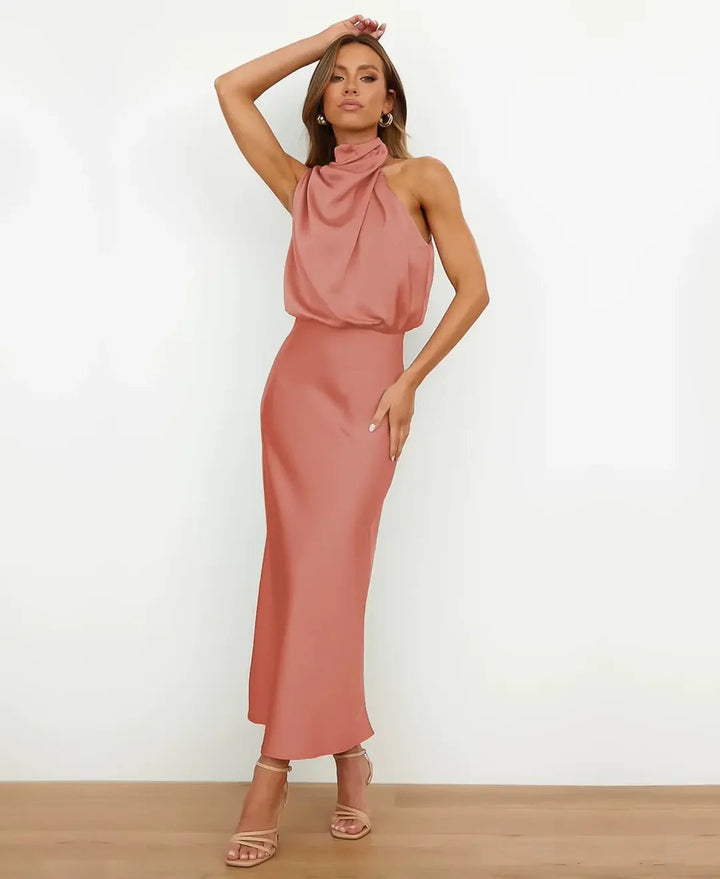 Satijnen midi-jurk met halternek voor formele avondgelegenheden