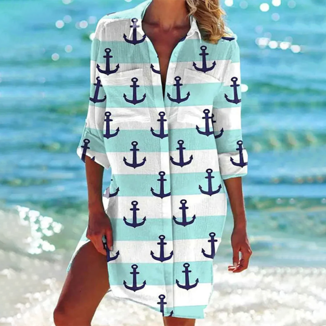 Lange a-lijn blouse voor dames met kraag en zakken, zomer