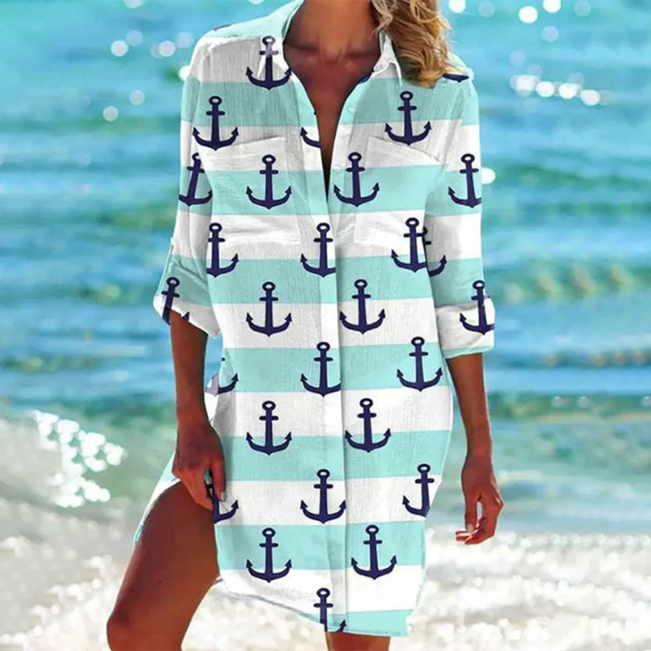 Lange a-lijn blouse voor dames met kraag en zakken, zomer