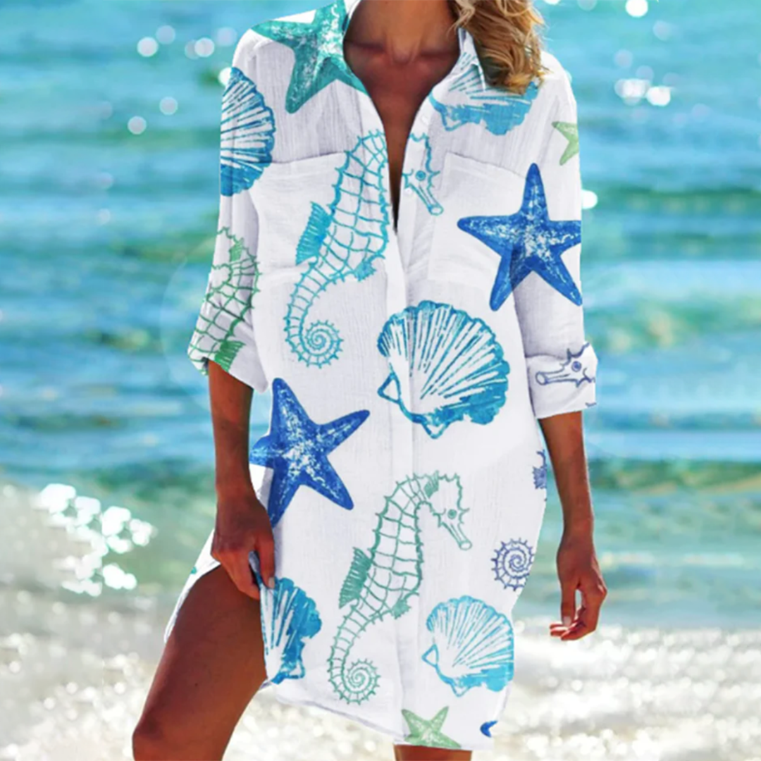 Lange a-lijn blouse voor dames met kraag en zakken, zomer