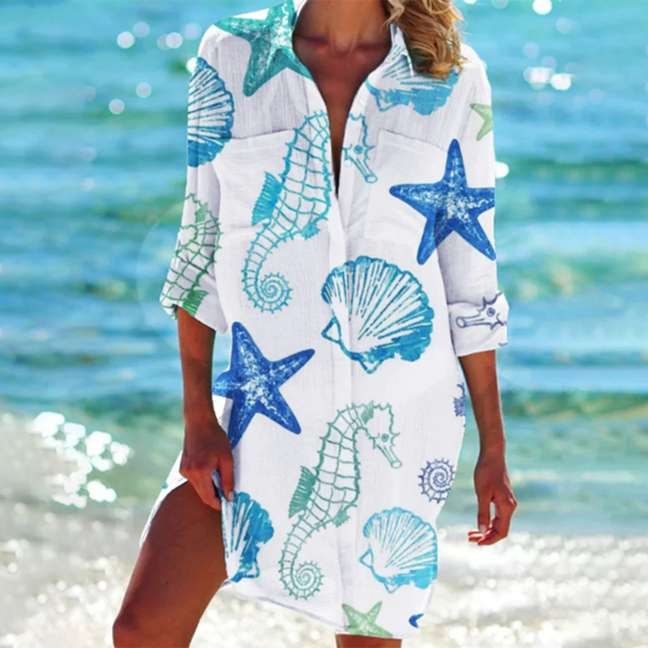 Lange a-lijn blouse voor dames met kraag en zakken, zomer