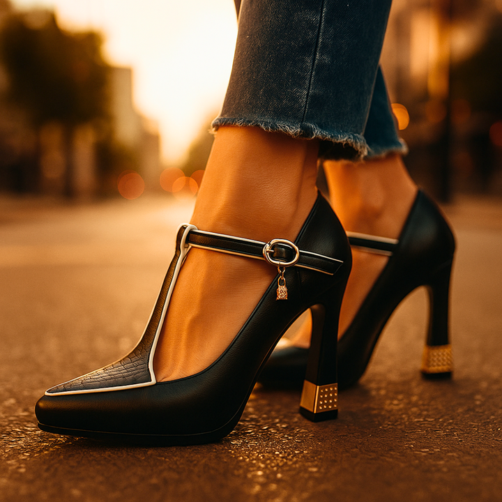 Orthopedische stiletto's met t-bandje en vierkante hak voor dames