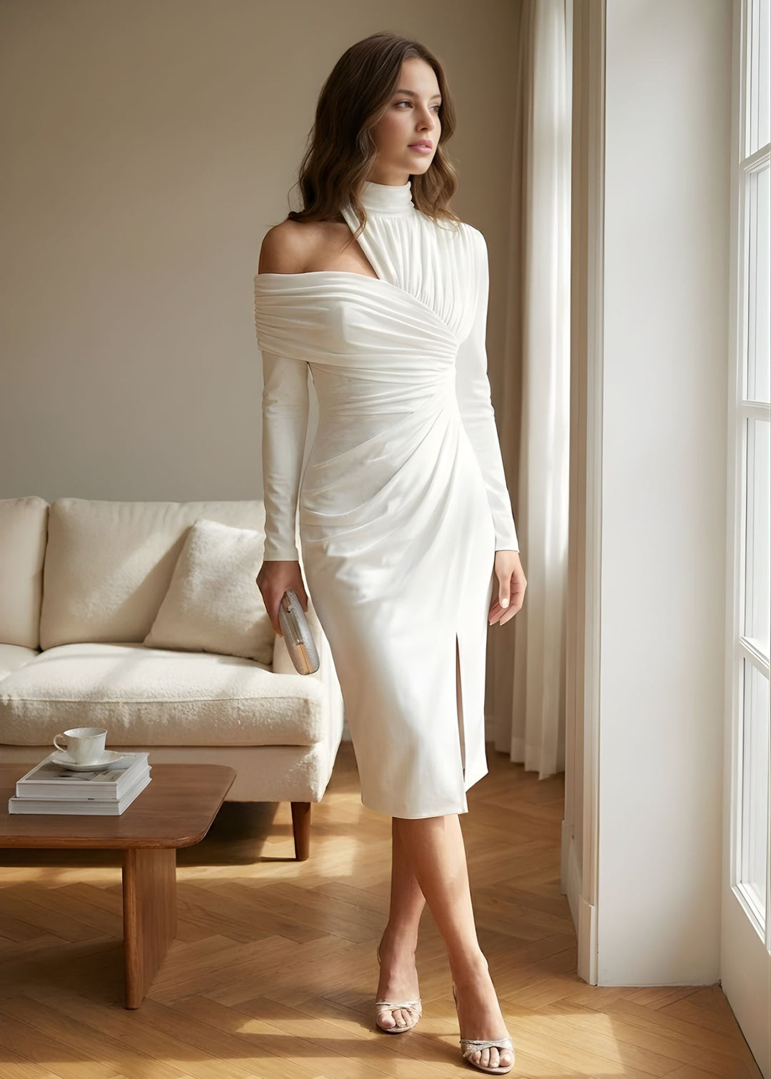 Midi-jurk met één schouder en draperie voor dames