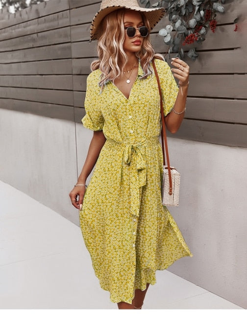 Bloemenprint midi-jurk voor dames met v-hals en zomerse riem