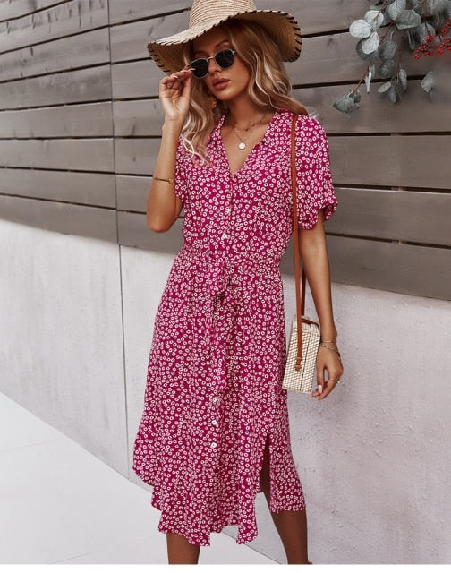 Bloemenprint midi-jurk voor dames met v-hals en zomerse riem