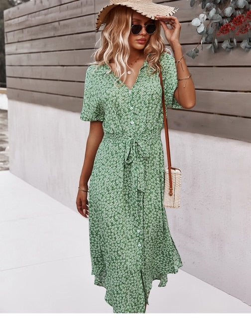 Bloemenprint midi-jurk voor dames met v-hals en zomerse riem
