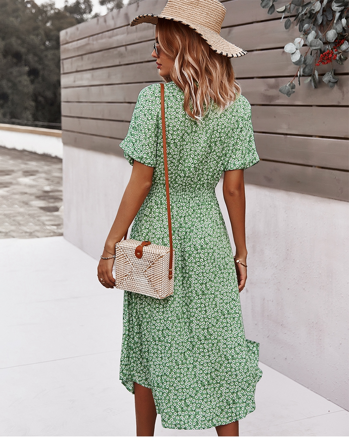 Bloemenprint midi-jurk voor dames met v-hals en zomerse riem