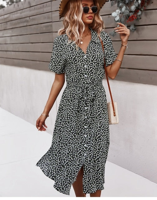 Bloemenprint midi-jurk voor dames met v-hals en zomerse riem