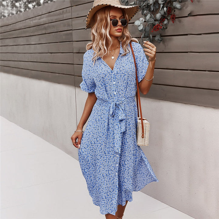 Bloemenprint midi-jurk voor dames met v-hals en zomerse riem