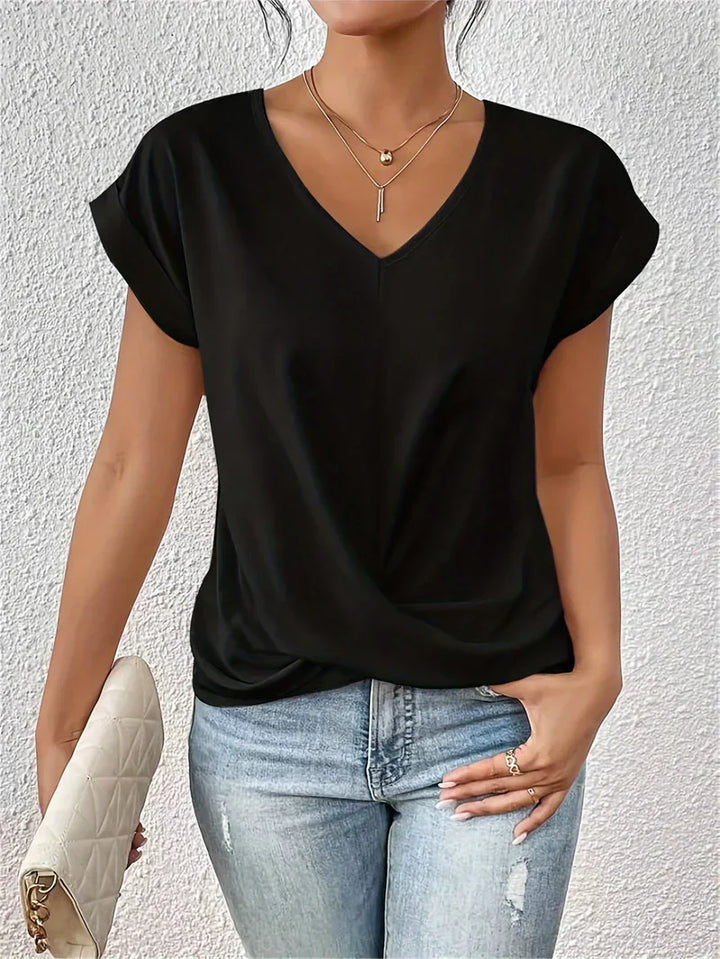 Dames t-shirt met v-hals, gedraaide voorkant en korte mouwen